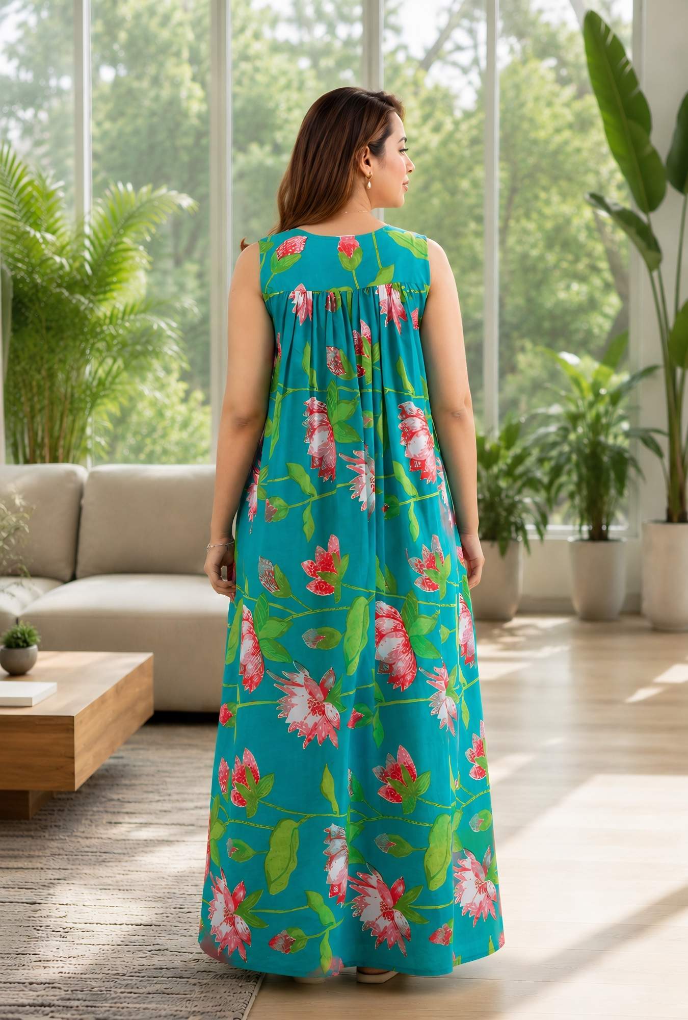 Paradise Petals Turquoise Sleeveless Cotton Night Gown
