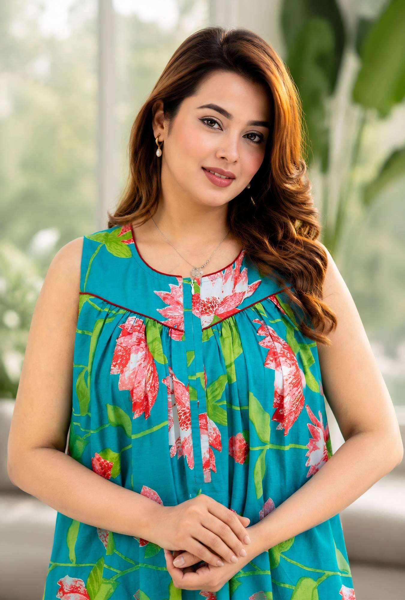 Paradise Petals Turquoise Sleeveless Cotton Night Gown