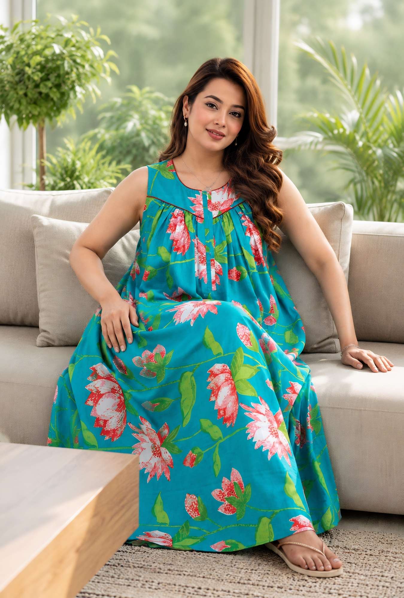 Paradise Petals Turquoise Sleeveless Cotton Night Gown