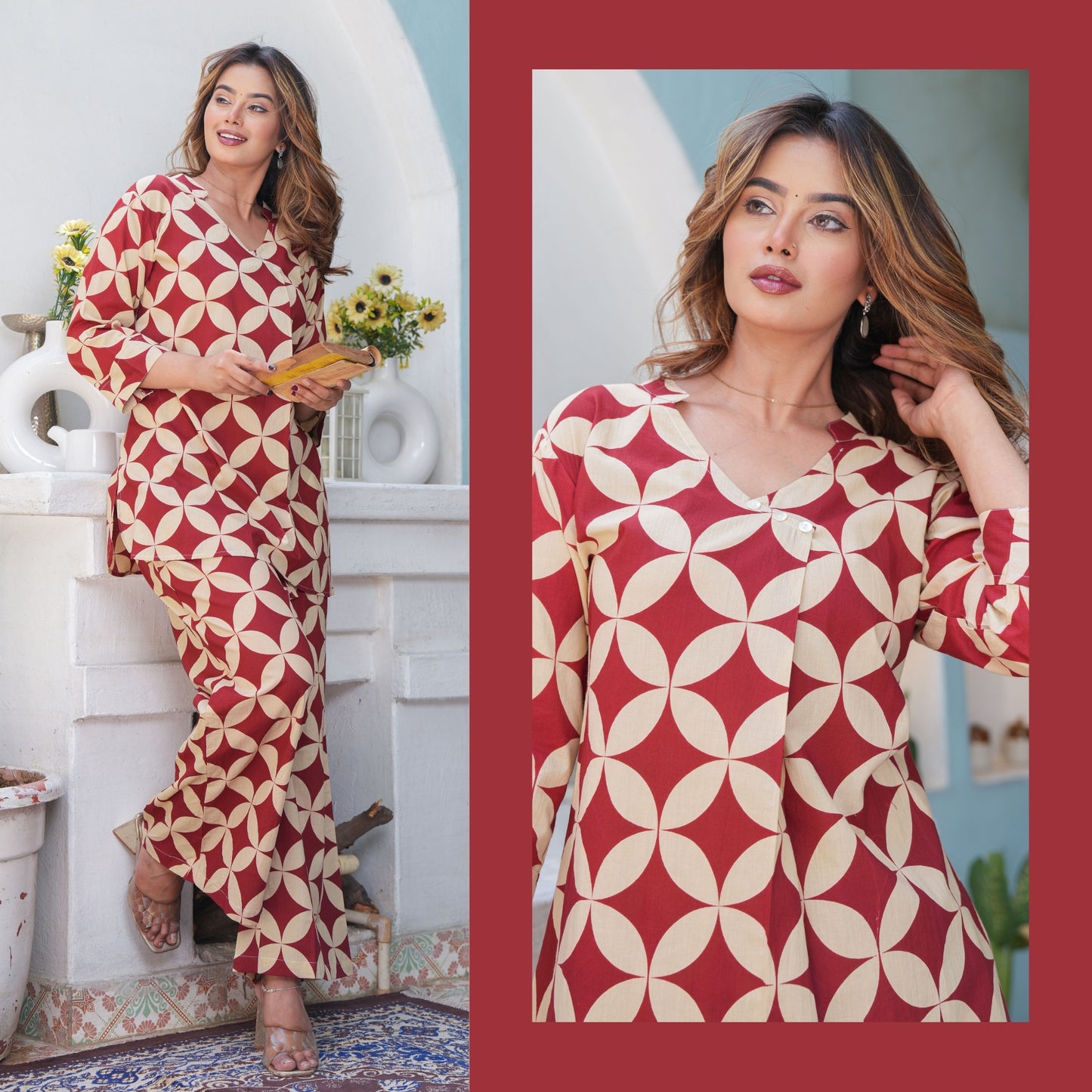 Cubika Maroon Printed Cotton Co-ords Set