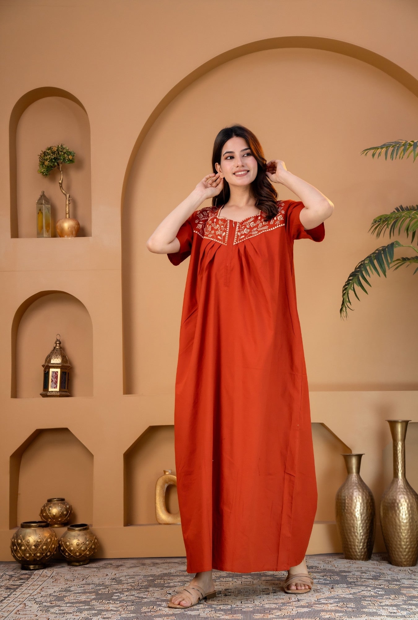 Crimson Bloom Rust Embroidery Yoke Cotton Night Gown