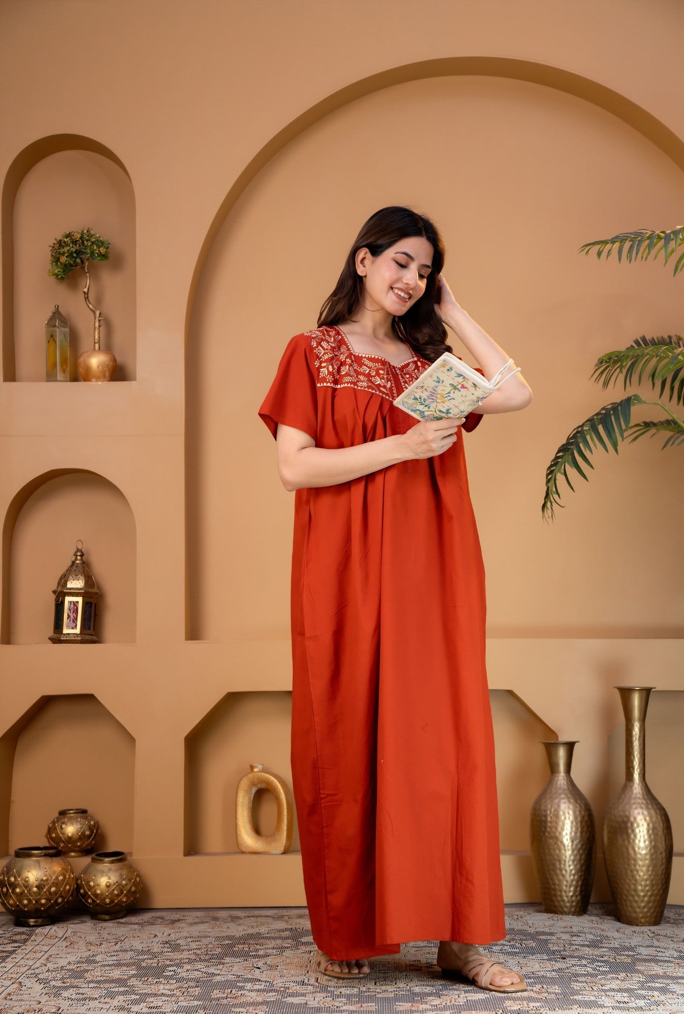 Crimson Bloom Rust Embroidery Yoke Cotton Night Gown