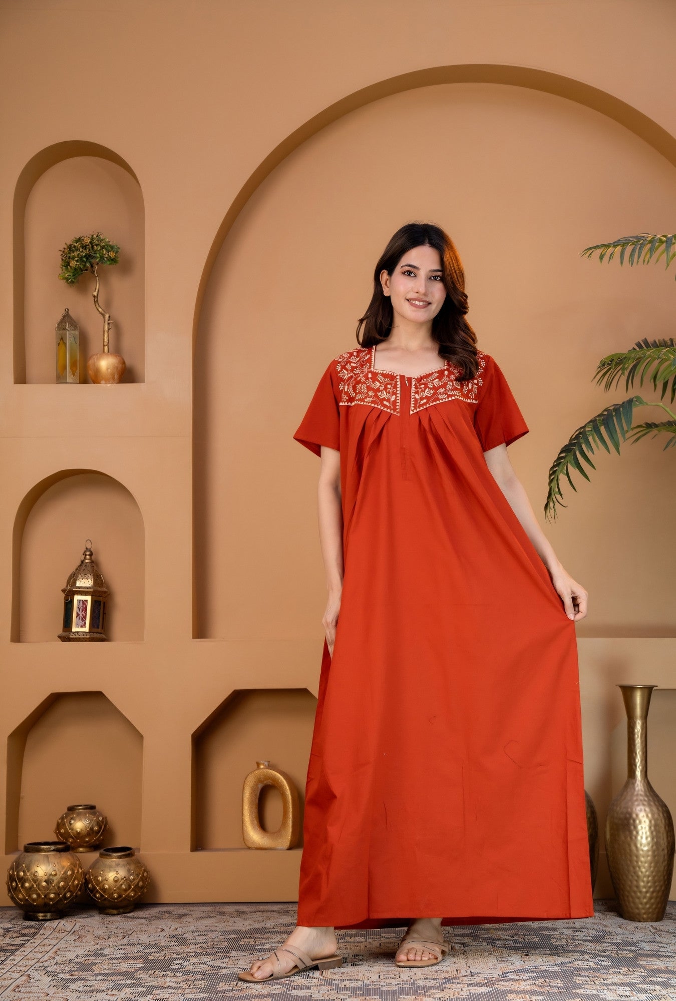 Crimson Bloom Rust Embroidery Yoke Cotton Night Gown