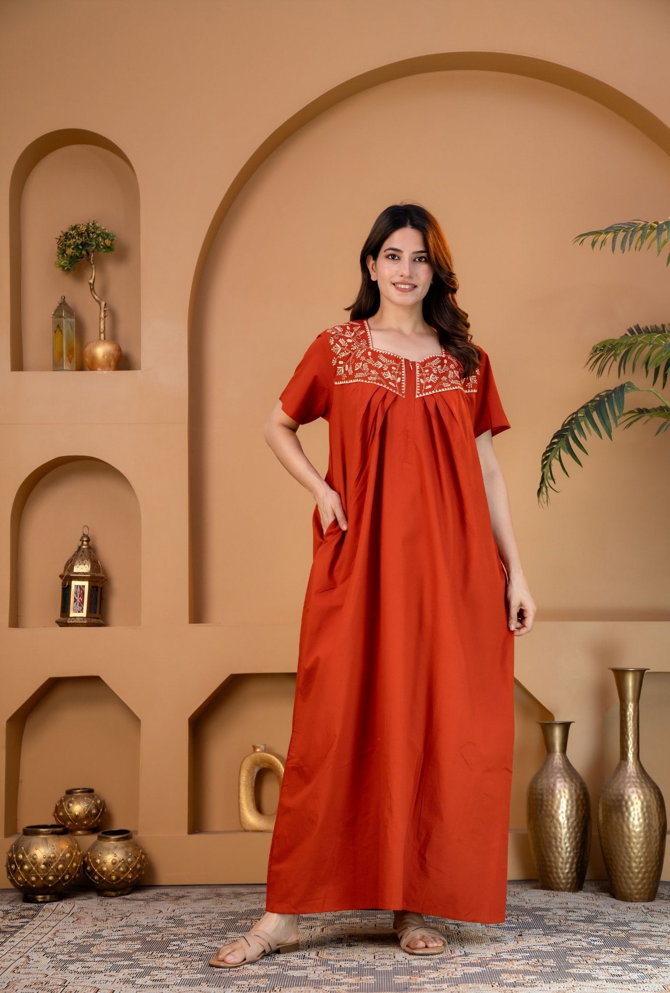 Crimson Bloom Rust Embroidery Yoke Cotton Night Gown