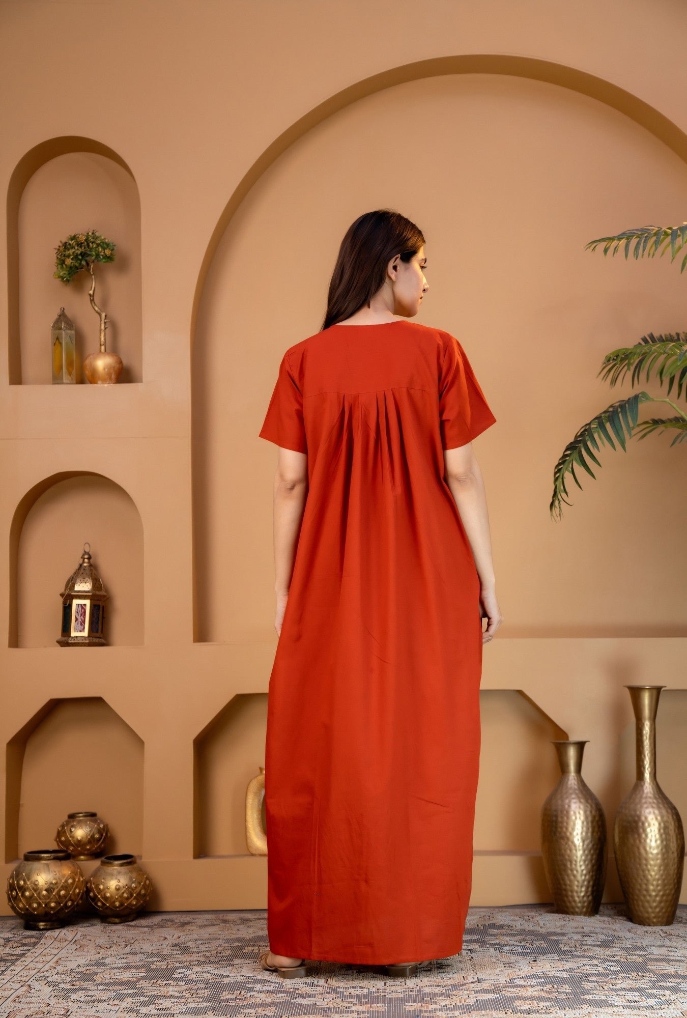 Crimson Bloom Rust Embroidery Yoke Cotton Night Gown