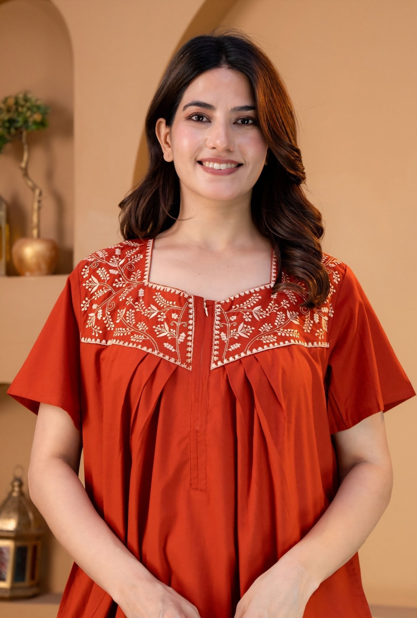 Crimson Bloom Rust Embroidery Yoke Cotton Night Gown