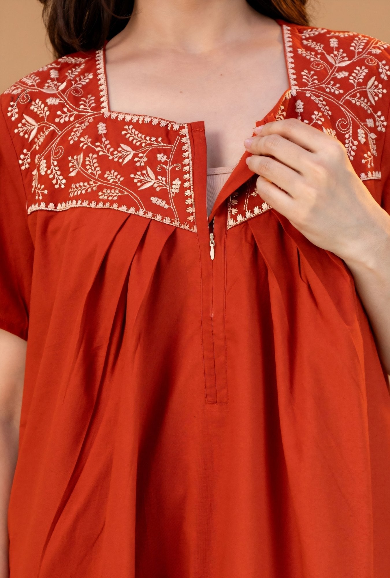 Crimson Bloom Rust Embroidery Yoke Cotton Night Gown