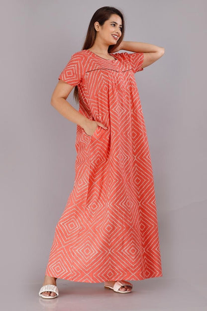 Bandhni Square Peach Cotton Printed Nighty Premium Nightwear Gowns