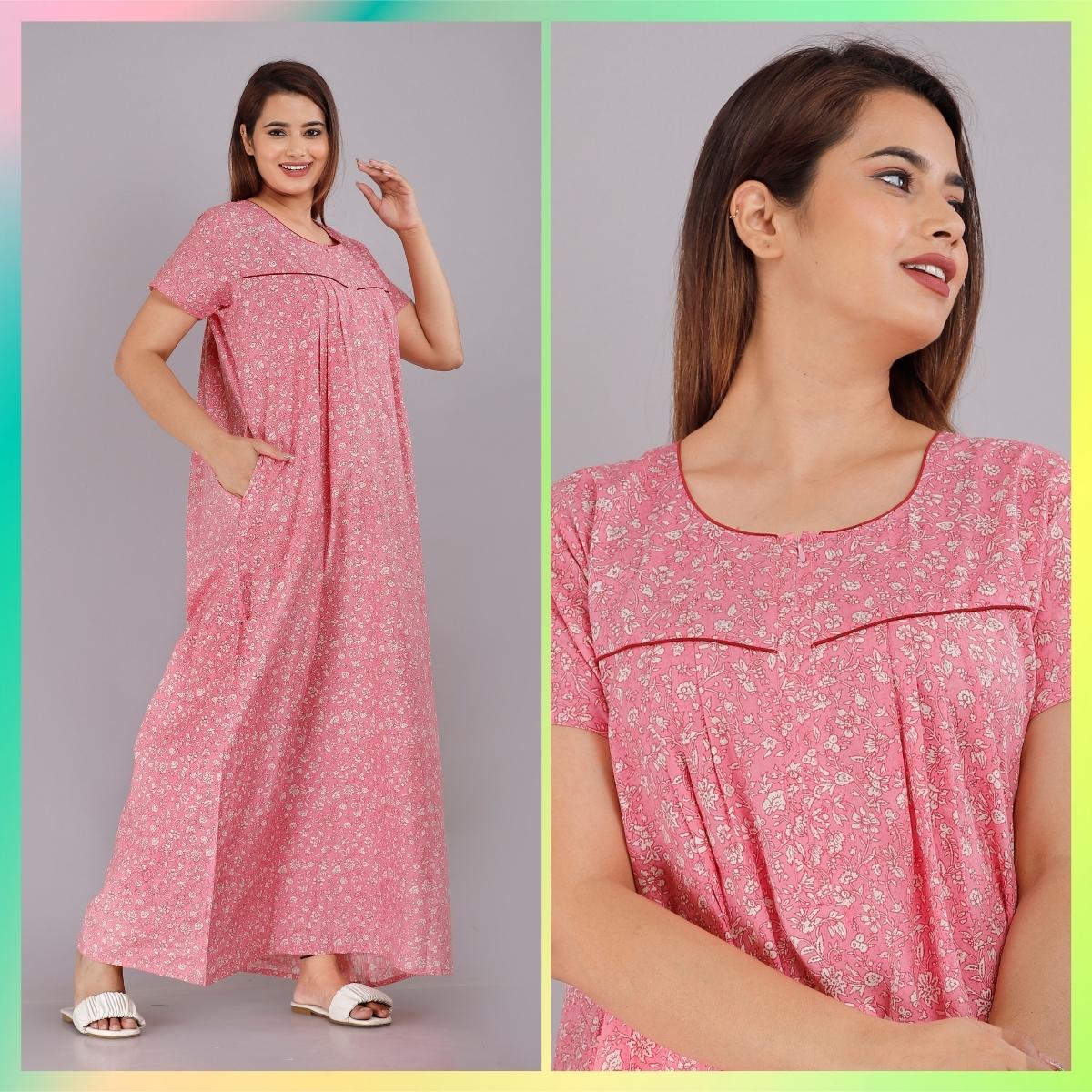 Kalamkari Pink Cotton Printed Nightwear Gowns