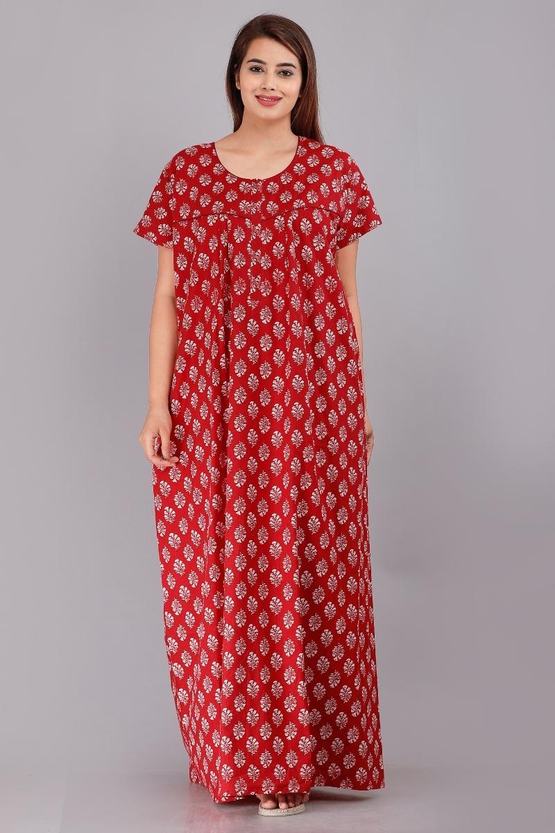 Gulmohar Red Cotton Printed Nightwear Gowns