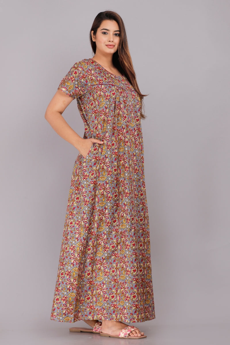 Kalamkari Flower Grey Cotton Printed Nightwear Gowns