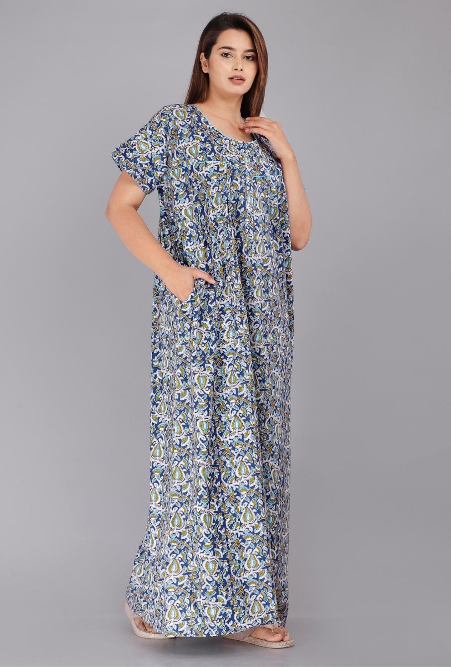 Worli Blue Nightwear Gowns jaipur cotton nighties online shopping