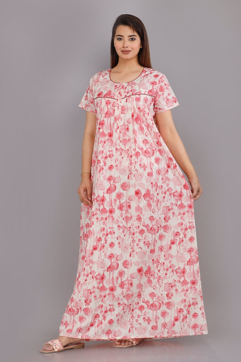 Water Color Pink Cotton Printed Nightwear Gowns