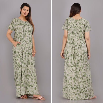 Water Color Green Cotton Printed Nightwear Gowns