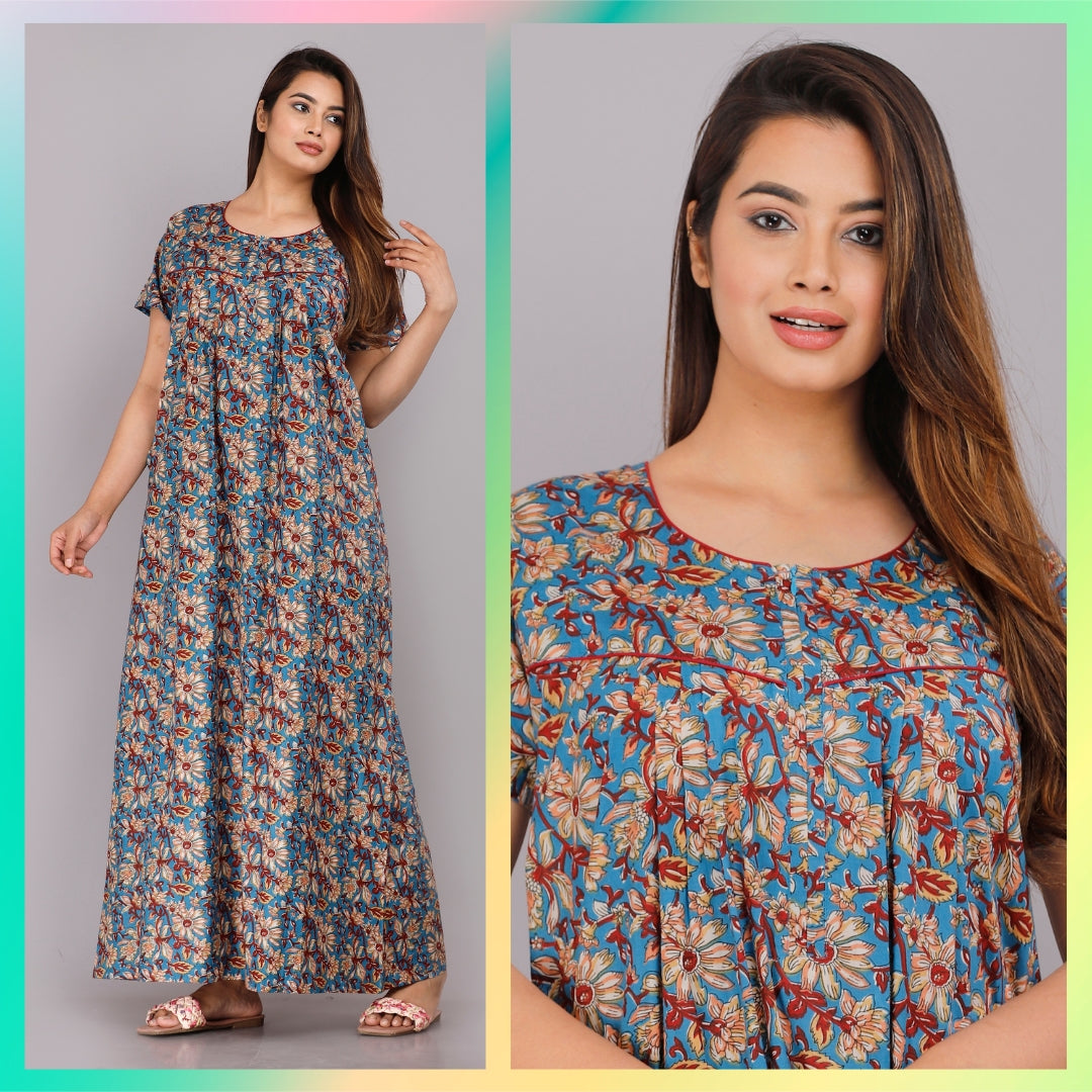 Kalamkari Flower Blue Cotton Printed Nightwear Gowns