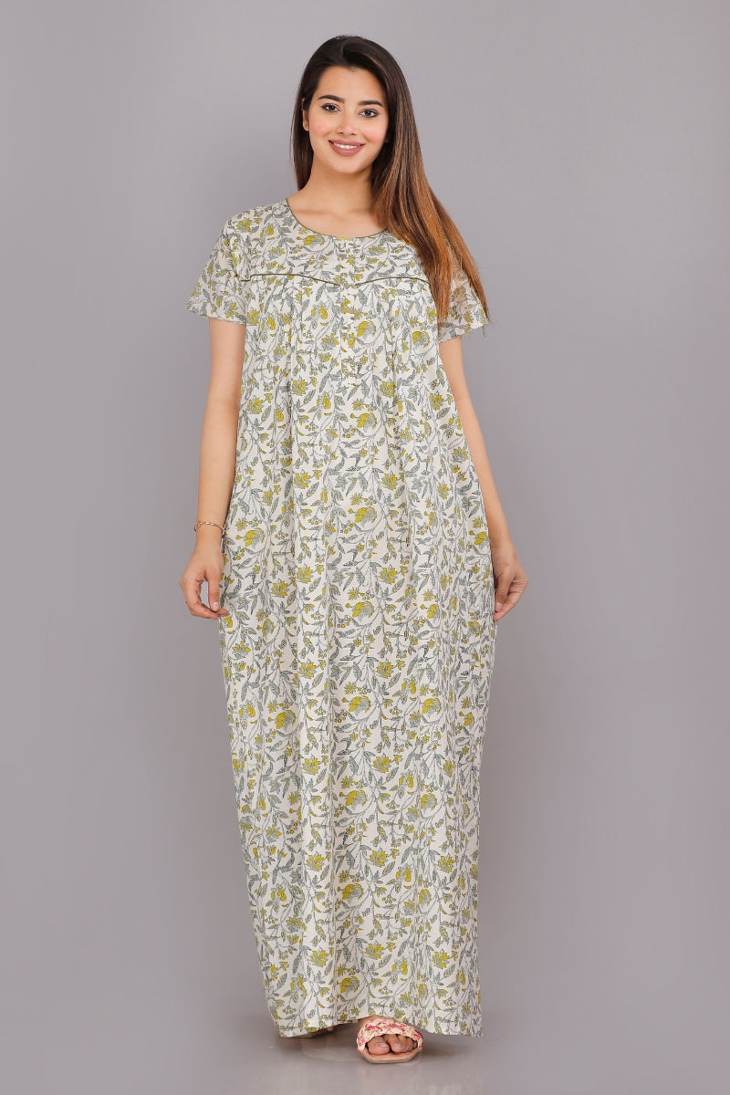 Bajra Leaves Cream Cotton Printed Nightwear Gowns