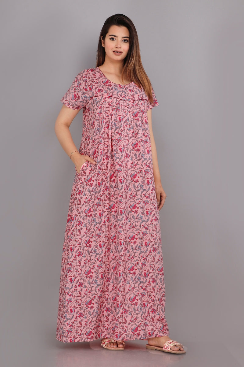 Bajra Leaves Pink Cotton Nightwear Gowns