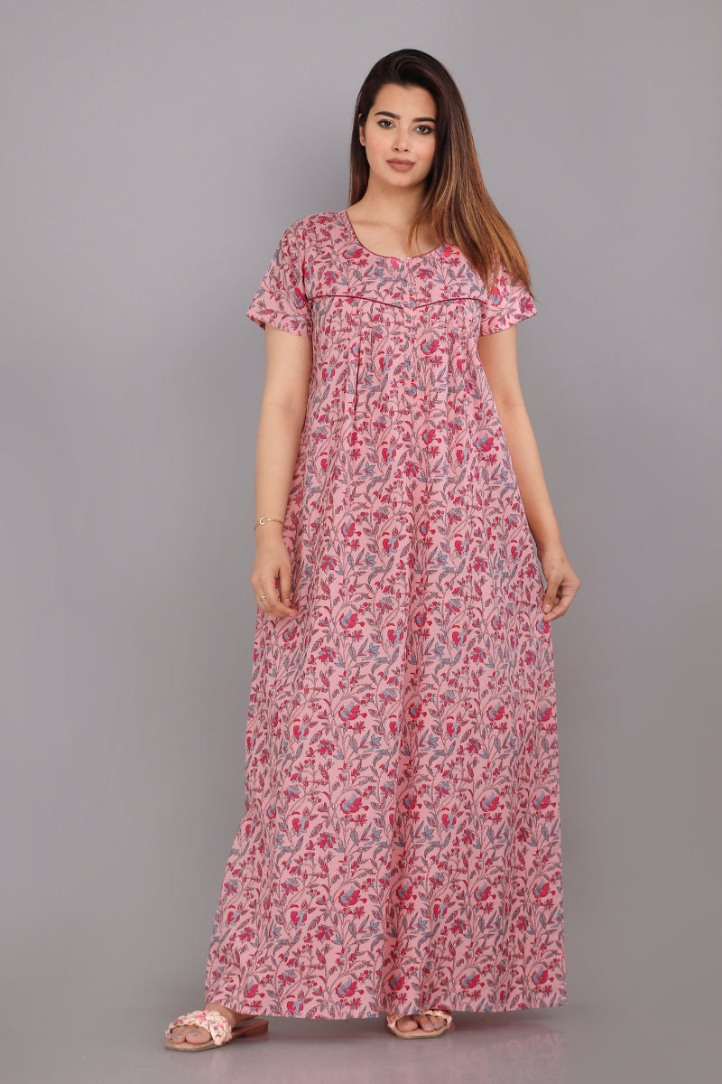 Bajra Leaves Pink Cotton Nightwear Gowns