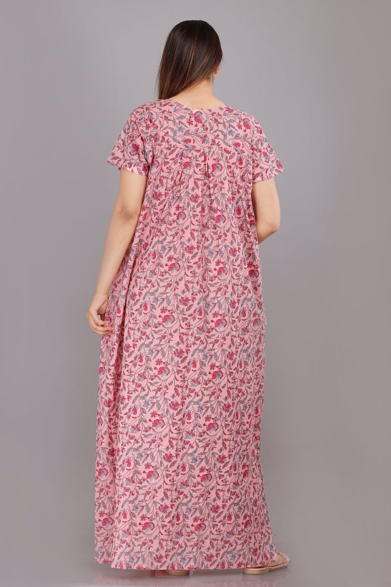 Bajra Leaves Pink Cotton Nightwear Gowns