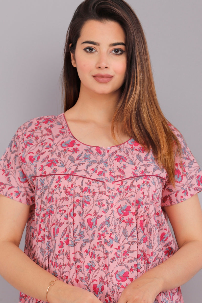 Bajra Leaves Pink Cotton Nightwear Gowns