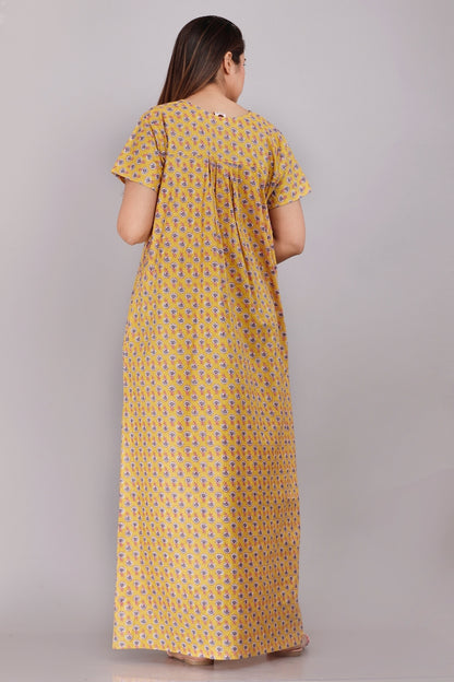 Bulb Buti Mustard Cotton Printed Nightwear Gowns