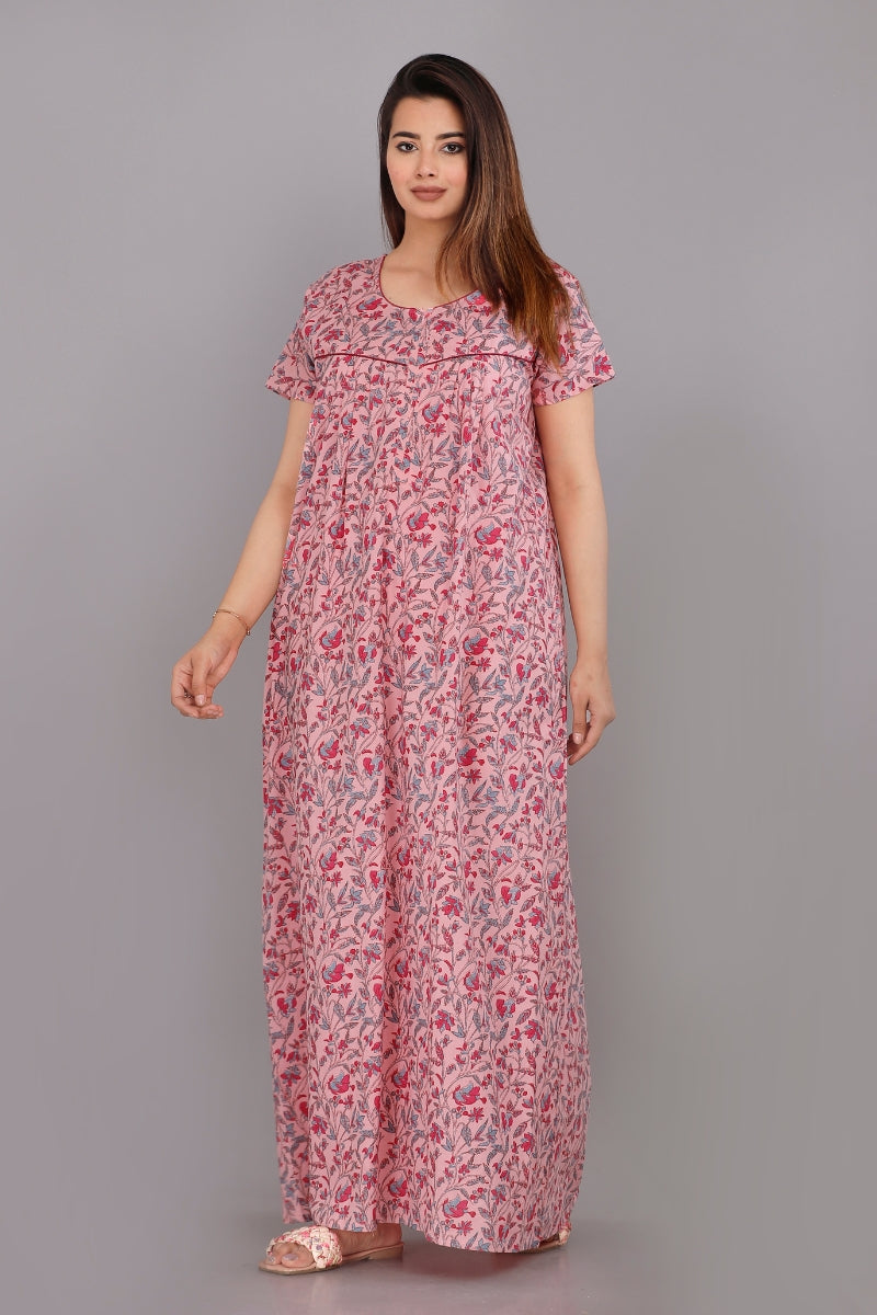 Bajra Leaves Pink Cotton Nightwear Gowns