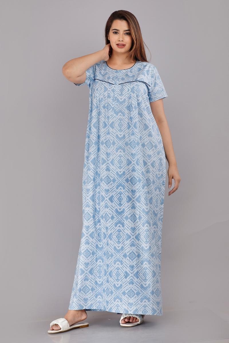 Shibori Blue Cotton Printed Nightwear Gowns Maxi Pure Cotton Nighty 