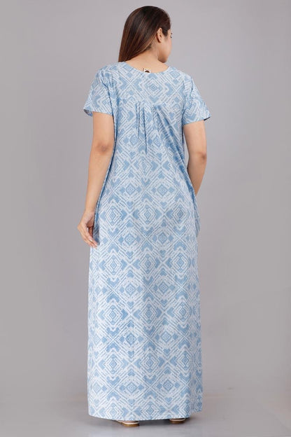 Shibori Blue Cotton Printed Nightwear Gowns Maxi Pure Cotton Nighty 
