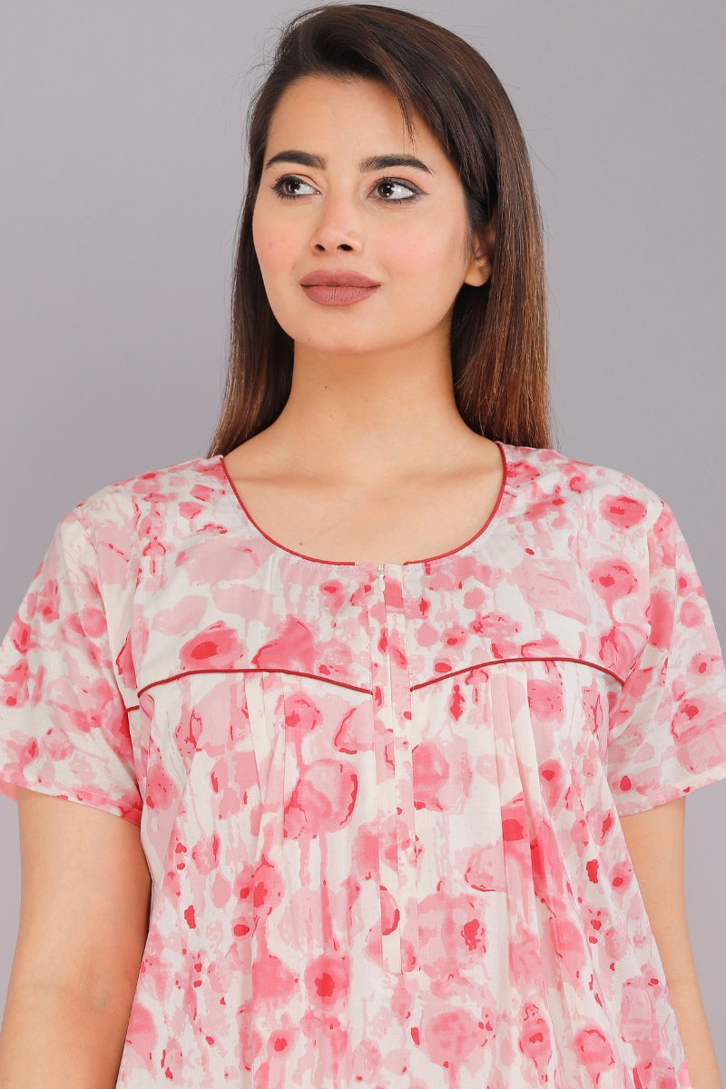 Water Color Pink Cotton Printed Nightwear Gowns