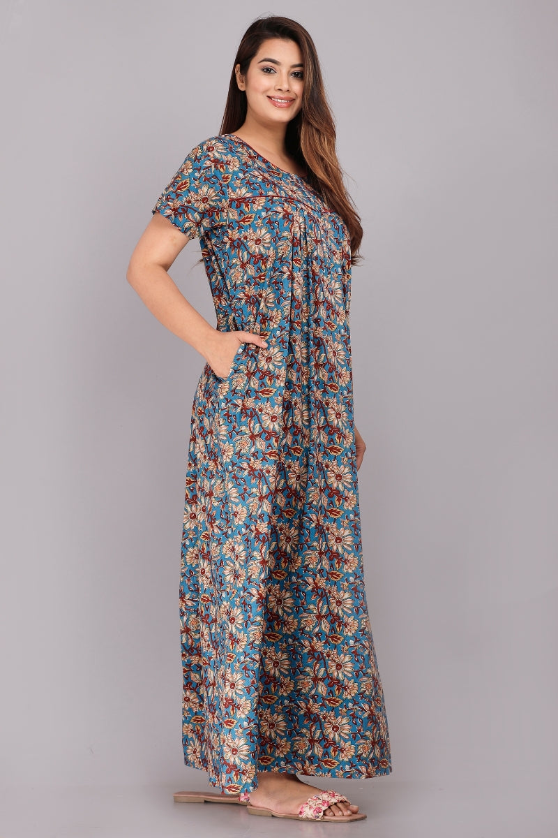 Kalamkari Flower Blue Cotton Printed Nightwear Gowns
