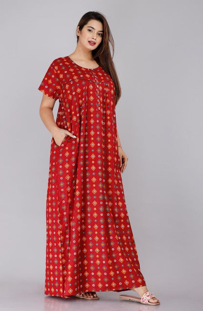 Bandhni Maroon Cotton Nightwear Gowns