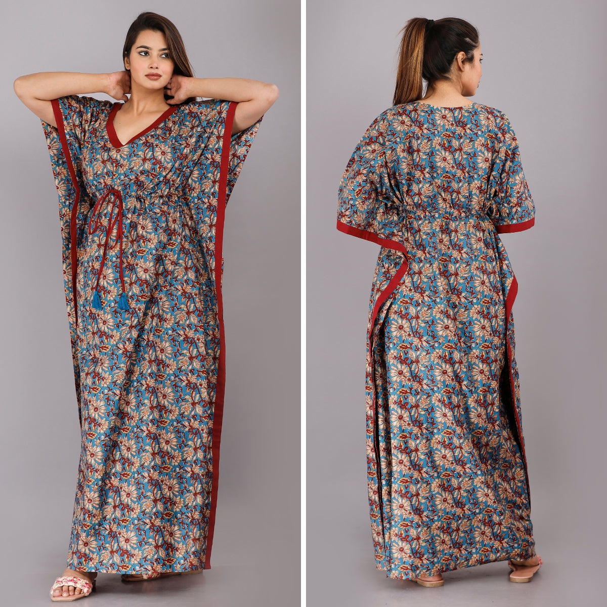Floral Print Dark Blue Cotton Kaftan Nighty main image 1