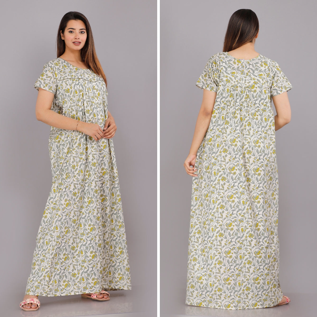 Bajra Leaves Cream Cotton Printed Nightwear Gowns