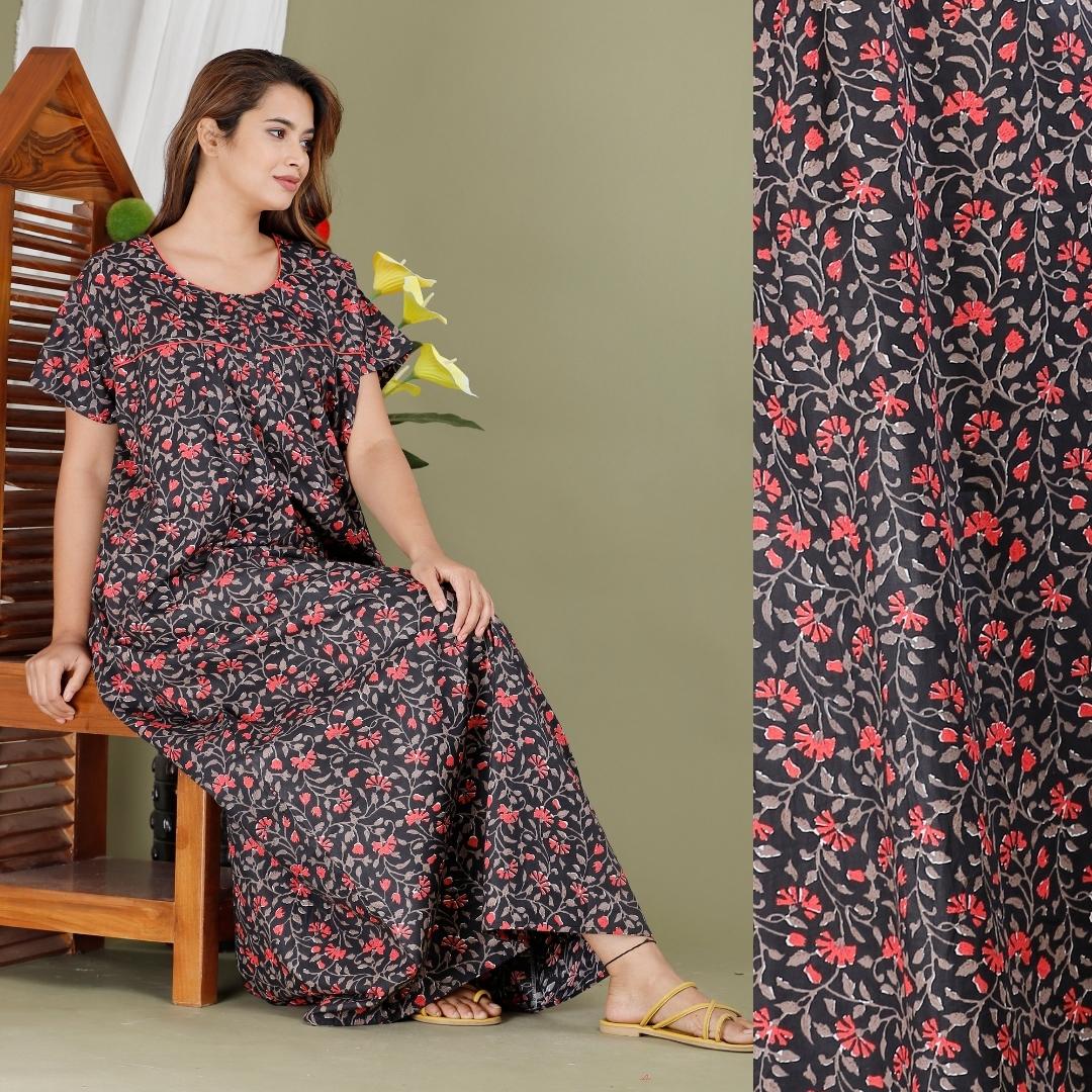 Kalamkari Nighties Black Cotton Printed Nightwear Maxi Gowns Online