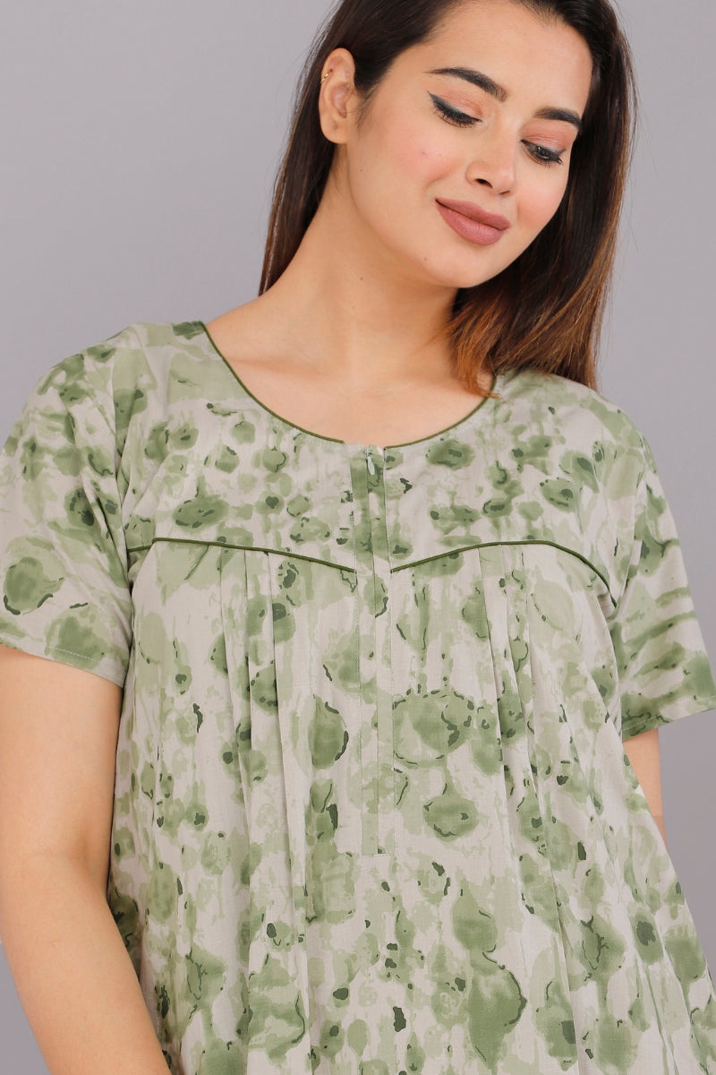 Water Color Green Cotton Printed Nightwear Gowns