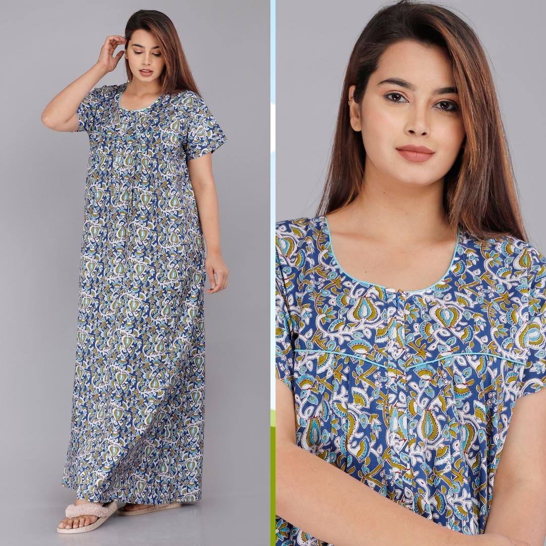 Worli Blue Nightwear Gowns jaipur cotton nighties online shopping